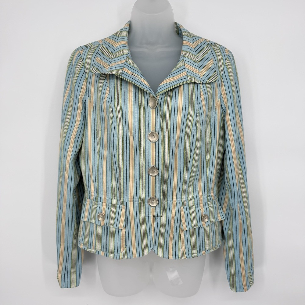 VTG‎ Carlisle Sz 8 100% Silk Striped Crop Blazer Y2K Peplum Waist Career Office